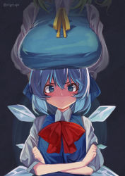 Rule 34 | 2girls, aged up, alternate breast size, arms behind back, ase (nigesapo), blue bow, blue dress, blue eyes, blue hair, bow, breast rest, breasts, breasts on head, cirno, commentary request, crossed arms, daiyousei, dark background, dress, green hair, hair bow, head out of frame, height difference, ice, ice wings, large breasts, looking at viewer, medium hair, multiple girls, puffy sleeves, red bow, ribbon, sidelocks, touhou, twitter username, upper body, wide hips, wings, yellow ribbon