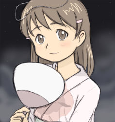 Rule 34 | 00s, 1girl, blush, brown eyes, close-up, dennou coil, fog, gradient background, hair ornament, hairclip, hand fan, hashimoto fumie, holding, holding fan, japanese clothes, kimono, looking at viewer, night, night sky, paper fan, parted lips, short hair, sketch, sky, solo, star (sky), starry sky, tareme, uchiwa, upper body, yukata, yuuichi (tareme paradise)