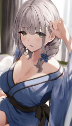 Rule 34 | 1girl, bare shoulders, blue kimono, blunt bangs, blush, braid, breasts, cleavage, collarbone, green eyes, highres, hololive, indoors, japanese clothes, kimono, large breasts, long hair, long sleeves, looking at viewer, mole, mole on breast, niii (memstapak), obi, off shoulder, on bed, parted lips, sash, shirogane noel, silver hair, single braid, sitting, solo, virtual youtuber, wide sleeves