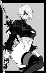 Rule 34 | 1girl, 2b (nier:automata), absurdres, blindfold, boots, breasts, closed mouth, commentary, feather trim, gloves, grey eyes, greyscale, hair between eyes, hairband, highleg, highleg leotard, highres, holding, holding weapon, leotard, lips, long sleeves, medium breasts, mole, mole under mouth, monochrome, nier:automata, nier (series), nishiii26miii, puffy sleeves, short hair, simple background, solo, sword, thigh boots, thighhighs, thighs, turtleneck, weapon, weapon on back