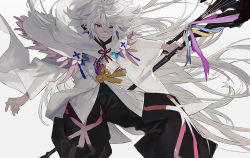 Rule 34 | 1boy, ahoge, bishounen, black pants, center frills, fate/grand order, fate (series), flower, flower knot, frills, full body, grin, hair between eyes, hair ornament, holding, holding staff, holding weapon, hood, hood down, hooded robe, itefu, long hair, long sleeves, looking at viewer, male focus, merlin (fate), multicolored hair, pants, petals, pink ribbon, purple eyes, ribbon, robe, simple background, smile, solo, staff, tassel, turtleneck, two-tone hair, very long hair, weapon, white background, white hair, white robe, wide sleeves
