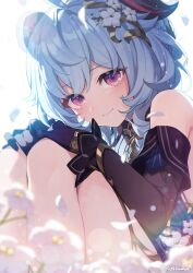 Rule 34 | 1girl, absurdres, artist name, bare shoulders, black gloves, black sleeves, bloom, blue dress, blue hair, blurry, bokeh, closed mouth, commentary request, depth of field, detached sleeves, dress, falling petals, feet out of frame, flower, ganyu (genshin impact), ganyu (twilight blossom) (genshin impact), genshin impact, gloves, goat horns, hair flower, hair ornament, highres, horns, knees up, kumiya, long hair, looking at viewer, official alternate costume, petals, purple eyes, sleeveless, sleeveless dress, smile, solo, white flower
