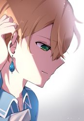 Rule 34 | 1boy, adjusting hair, bad id, bad pixiv id, blonde hair, blue shirt, close-up, collared shirt, commentary request, earrings, eugeo, expressionless, green eyes, hand in own hair, hand up, highres, jewelry, male focus, profile, resolution mismatch, ruriiro blue, shirt, short hair, simple background, solo, source larger, sword art online, sword art online: alicization, white background