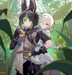 Rule 34 | 1boy, 1girl, absurdres, animal ears, artist name, black gloves, black hair, black shirt, blonde hair, closed mouth, commentary request, cowboy shot, dress, elbow gloves, flower, forest, genshin impact, gloves, green hair, grin, hair flower, hair ornament, hand on another&#039;s head, hand on own hip, hand up, highres, looking at another, looking at viewer, lumine (genshin impact), medium hair, multicolored hair, nature, one eye closed, outdoors, ryb, shirt, short hair, short sleeves, smile, streaked hair, tighnari (genshin impact), white dress, yellow eyes