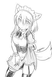 Rule 34 | 1girl, :&lt;, alternate costume, animal ears, black thighhighs, breasts, greyscale, inubashiri momiji, looking at viewer, maid, maid headdress, medium breasts, monochrome, short hair, signature, simple background, sketch, solo, tail, taurine 8000mg, thighhighs, touhou, white background, wolf ears, wolf tail