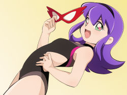 Rule 34 | 00s, 1girl, :d, battle spirits, battle spirits: shounen toppa bashin, competition swimsuit, domino mask, dutch angle, flat chest, green eyes, hairband, hand on own hip, heart, long hair, mask, unworn mask, one-piece swimsuit, open mouth, purple hair, sagamimok, smile, solo, standing, suiren (battle spirits), swimsuit, symbol-shaped pupils