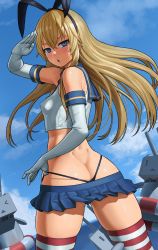 Rule 34 | 1girl, :o, ass, black panties, blonde hair, blue skirt, blush, breasts, butt crack, cloud, cloudy sky, crop top, dimples of venus, elbow gloves, from behind, gloves, grey eyes, hair between eyes, hairband, highleg, highleg panties, highres, kantai collection, lasterk, lifebuoy, long hair, looking at viewer, microskirt, miniskirt, panties, pleated skirt, rensouhou-chan, sailor collar, salute, school uniform, serafuku, shimakaze (kancolle), skindentation, skirt, sky, small breasts, solo, striped clothes, striped thighhighs, swim ring, thighhighs, thong, underwear, whale tail (clothing), white gloves
