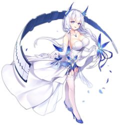 Rule 34 | 1girl, alternate costume, azur lane, blue eyes, blush, breasts, cleavage, dress, elbow gloves, full body, garter straps, gloves, high heels, illustrious (azur lane), illustrious (illustrious ball) (azur lane), kaede (yumesaki kaede), large breasts, long hair, looking at viewer, mole, mole under eye, official art, parted lips, silver hair, smile, solo, thighhighs, transparent background, twintails, white dress, white gloves, white thighhighs