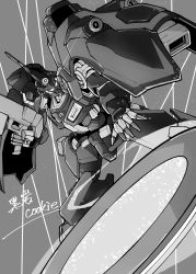 Rule 34 | absurdres, artist name, greyscale, gun, gundam, gundam g no reconguista, highres, holding, holding gun, holding weapon, kabakali, kuroiwa cookie, looking at viewer, mecha, mobile suit, monochrome, no humans, open hand, robot, science fiction, solo, weapon