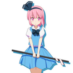 Rule 34 | 1girl, :o, blue skirt, blush, cato (monocatienus), color switch, cosplay, hair ribbon, hairband, konpaku youmu, legs together, looking at viewer, pink eyes, pink hair, ribbon, saigyouji yuyuko (cosplay), short hair, simple background, skirt, solo, sword, touhou, v arms, vest, weapon