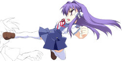 Rule 34 | 00s, clannad, fujibayashi kyou, kicking, long hair, purple eyes, purple hair, school uniform, solo, thighhighs, yamano sachi