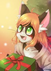 Rule 34 | androgynous, artist request, blonde hair, cat, christmas, furry, gender request, gradient background, green eyes, highres, package, plant, solo, upper body