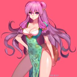 Rule 34 | 1girl, breasts, china dress, chinese clothes, cleavage, collarbone, double bun, dress, eyelashes, hand on own hip, long hair, pink background, purple eyes, purple hair, ranma 1/2, seoji, shampoo (ranma 1/2), solo