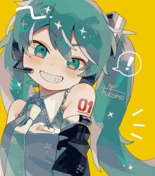 Rule 34 | !, &gt;:), 1girl, aqua eyes, aqua hair, aqua necktie, bare shoulders, black sleeves, blush, character name, detached sleeves, evil grin, evil smile, fukomo, grin, hair ornament, hatsune miku, headset, highres, long hair, looking at viewer, necktie, shoulder tattoo, smile, smirk, solo, sparkle, spoken exclamation mark, tattoo, twintails, upper body, v-shaped eyebrows, variant set, very long hair, vocaloid, yellow background