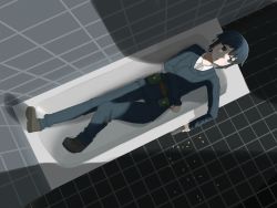 Rule 34 | 1girl, absurdres, akts625, androgynous, arm across waist, bathroom, bathtub, belt, belt buckle, belt pouch, blue eyes, boots, brown belt, brown footwear, buckle, commentary, expressionless, from above, green hair, green jacket, green pants, gun, handgun, highres, holding, holding weapon, jacket, kino (kino no tabi), kino no tabi, knee up, looking away, looking to the side, lying, on back, pants, parted lips, pistol, pouch, romaji commentary, shadow, shell casing, shirt, short hair, solo, thigh gap, tile floor, tile wall, tiles, weapon, white shirt