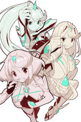 Rule 34 | 3girls, clenched hands, fingerless gloves, from above, gloves, green322, green eyes, long hair, looking back, looking up, multiple girls, mythra (xenoblade), nintendo, photo-referenced, pneuma (xenoblade), ponytail, pyra (xenoblade), red eyes, short hair, spoilers, white background, xenoblade chronicles (series), xenoblade chronicles 2, yellow eyes