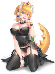 Rule 34 | 1girl, :p, absurdres, black dress, black panties, black thighhighs, blonde hair, blue eyes, bowsette, bracelet, breasts, cleavage, collar, crown, dress, eyebrows, finger to mouth, full body, high heels, highres, horns, jewelry, kneeling, large breasts, looking at viewer, mario (series), new super mario bros. u deluxe, nintendo, open mouth, panties, pointy ears, rezoeline, sharp teeth, shell, simple background, skirt, sleeveless, sleeveless dress, smile, solo, spiked bracelet, spiked collar, spikes, strapless, strapless dress, super crown, teeth, thighhighs, tongue, tongue out, underwear, white background