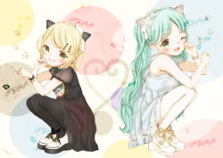 Rule 34 | 2girls, animal ears, bad id, bad pixiv id, blonde hair, bracelet, cat ears, cross, dress, earrings, fake animal ears, fang, green eyes, green hair, hair ornament, hairclip, hatsune miku, jewelry, kagamine rin, long hair, mnmktn, multiple girls, pantyhose, paw pose, see-through, short hair, squatting, twintails, vocaloid