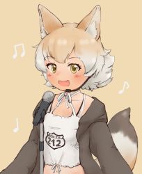 Rule 34 | animal ear fluff, animal ears, black jacket, blonde hair, coyote, coyote (kemono friends), gloves, highres, jacket, kemono friends, kemono friends v project, necktie, shirt, shoes, short hair, simple background, skirt, smile, tail, virtual youtuber, white shirt, wolf ears, wolf tail, yellow eyes, yellow gloves
