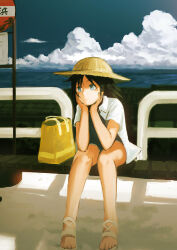 Rule 34 | 1girl, bag, bench, black hair, blue eyes, blue one-piece swimsuit, bus stop, closed mouth, cloud, commentary request, cumulonimbus cloud, fence, hands on own cheeks, hands on own face, hat, head rest, inami hatoko, jacket, ocean, one-piece swimsuit, open clothes, open jacket, original, short sleeves, sitting, solo, straw hat, sun hat, swimsuit, white jacket