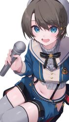 Rule 34 | 1girl, absurdres, beret, blue eyes, blue shirt, blue shorts, blush, braid, breasts, brown hair, commentary request, crop top, grey hat, grey thighhighs, hair ornament, hat, highres, hip vent, holding, holding microphone, hololive, long sleeves, looking at viewer, microphone, midriff, mikaku, multicolored clothes, navel, official alternate costume, oozora subaru, oozora subaru (work), open mouth, parted bangs, sailor collar, shirt, short hair, shorts, simple background, single braid, smile, solo, sparkle hair ornament, stomach, thighhighs, tomboy, very short hair, virtual youtuber, white background, white sailor collar