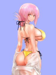 Rule 34 | 1girl, ass, back, bare shoulders, bikini, black ribbon, bouto (paranoia), braid, breasts, cowboy shot, curvy, fate/grand order, fate (series), florence nightingale (chaldea lifesavers) (fate), florence nightingale (fate), folded ponytail, from behind, hair ribbon, halterneck, huge ass, large breasts, long hair, looking at viewer, looking back, off shoulder, open clothes, open shirt, pink eyes, pink hair, purple background, ribbon, see-through, serious, shirt, side ponytail, simple background, single braid, solo, standing, strap gap, swimsuit, thong bikini, v-shaped eyebrows, very long hair, white shirt, wide hips, yellow bikini