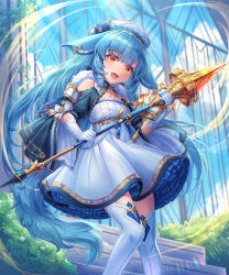 Rule 34 | 1girl, :d, absurdres, animal ears, bad id, bad pixiv id, bare shoulders, blue hair, blurry, blurry background, breasts, clothing cutout, depth of field, dress, fang, gloves, grass, hat, highres, holding, holding polearm, holding spear, holding weapon, long hair, looking at viewer, open mouth, original, polearm, red eyes, shichigatsu, short dress, shoulder cutout, small breasts, smile, solo, spear, stairs, tail, thighhighs, very long hair, weapon, white dress, white gloves, white hat, white thighhighs