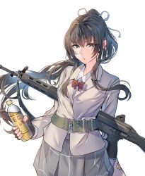 Rule 34 | 1girl, arms behind back, assault rifle, black gloves, blue eyes, bottle, bow, bowtie, brown hair, daito, expressionless, fingerless gloves, gloves, grey skirt, gun, highres, holding, holding bottle, howa type 89, jacket, looking at viewer, original, pink jacket, red bow, red bowtie, rifle, skirt, solo, weapon, white background