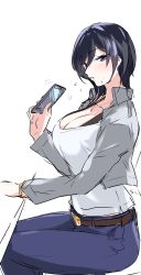 Rule 34 | 1girl, absurdres, belt, black hair, blue eyes, blush, bracelet, breasts, casual, cellphone, cleavage, commentary request, cropped jacket, denim, earrings, from side, grey jacket, hair between eyes, halterneck, highres, holding, holding phone, jacket, jewelry, large breasts, looking to the side, mogi yasunobu, mole, mole under mouth, necklace, original, pants, phone, shirt, short hair, sitting, smartphone, strap, table, white shirt