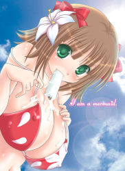Rule 34 | 00s, 1girl, amami haruka, bad id, bad pixiv id, between breasts, bikini, blush, breasts, brown hair, cleavage, covered erect nipples, day, english text, female focus, floral print, flower, food, green eyes, hibiscus, huge breasts, idolmaster, idolmaster (classic), navel, outdoors, popsicle, red bikini, sexually suggestive, short hair, sky, solo, swimsuit, yasha hime, yashahime (dolcevite)