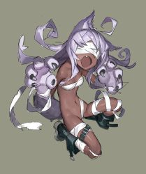 Rule 34 | 1girl, ahoge, amrkdrw, animal ears, animal hands, bandaged leg, bandages, bare shoulders, belt, belt buckle, black belt, black footwear, blindfold, boots, breasts, buckle, claws, cleavage, dark-skinned female, dark skin, fang, full body, groin, highres, leg belt, long hair, navel, open mouth, original, purple hair, small breasts, solo, squatting, stomach, tail, very dark skin, wolf ears, wolf girl, wolf paws, wolf tail