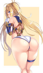 Rule 34 | 1girl, ass, back, bare shoulders, bikini, blonde hair, blue eyes, blush, border, bradamante (fate), bradamante (third ascension) (fate), braid, breasts, closed mouth, elbow gloves, fate/grand order, fate (series), french braid, gloves, highres, hip focus, huge ass, large breasts, legs, long hair, looking at viewer, nano (syoutamho), simple background, solo, swimsuit, thick thighs, thigh strap, thighs, twintails, very long hair, white bikini, white border, wide hips, yellow background