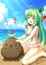Rule 34 | 10s, 1girl, 2016, :d, aircraft, beach, bikini, bird, cherry hair ornament, dated, flower knight girl, food-themed hair ornament, frilled bikini, frills, green hair, hair bobbles, hair ornament, hot air balloon, long hair, looking at viewer, navel, norinori 12th, ocean, open mouth, plaid, plaid bikini, red eyes, sakuranbo (flower knight girl), sand, sand sculpture, signature, sitting, smile, solo, swimsuit, two side up, wariza