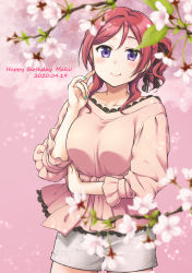 Rule 34 | 1girl, alternate hairstyle, artist name, artist request, blush, braid, branch, breasts, collarbone, earrings, female focus, hair between eyes, hand on elbow, highres, jewelry, looking at viewer, love live!, love live! school idol project, medium breasts, nishikino maki, pants, parted lips, pink shirt, ponytail, purple eyes, red hair, shirt, short hair, shorts, smile, solo, tree, twin braids, white pants, white shorts