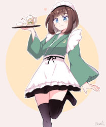 Rule 34 | 1girl, alternate costume, apron, bad id, bad twitter id, black thighhighs, blue eyes, blush, brown hair, character print, closed mouth, creatures (company), cup, eyelashes, game freak, gen 7 pokemon, hand up, heart, highres, holding, holding tray, long sleeves, medium hair, nintendo, pokemon, pokemon sm, rowlet, saucer, selene (pokemon), shoes, signature, smile, solo, teacup, teapot, tere asahi, thighhighs, tray, waist apron, white apron