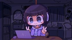 Rule 34 | 1girl, bedroom, bob cut, can, closed mouth, computer, desk, double v, drink can, headphones, hood, hooded jacket, indie virtual youtuber, jacket, kyuusai-chan, laptop, long sleeves, mouse (computer), noose, open clothes, open jacket, pepoyo, purple eyes, purple hair, purple jacket, purple shirt, purple theme, shirt, short hair, smile, soda can, solo, sweat, v, virtual youtuber, white headwear
