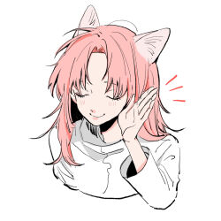 Rule 34 | 1boy, animal ears, cat boy, cat ears, closed eyes, closed mouth, commentary, hand up, hatsutori hajime, highres, kemonomimi mode, long hair, long sleeves, male focus, notice lines, parted bangs, pink hair, saibou shinkyoku, shirt, simple background, smile, solo, white background, white shirt, yliquid