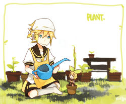 Rule 34 | 1boy, 1girl, bad id, bad pixiv id, blonde hair, blue eyes, bow, brother and sister, glider (artist), guraida, hair bow, headphones, kagamine len, kagamine rin, mini person, minigirl, plant, potted plant, siblings, twins, vocaloid, watering can