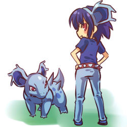 Rule 34 | 1990s (style), 1girl, androgynous, animal ears, belt, blue hair, blush stickers, costume, creatures (company), fang, game freak, gen 1 pokemon, gender request, hairband, hands on own hips, hitec, looking back, moemon, nidorina, nintendo, personification, pokemon, pokemon (creature), pokemon rgby, red eyes, retro artstyle, short hair, simple background, standing