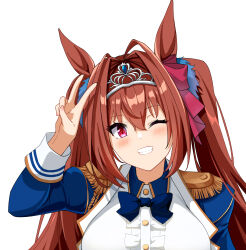 Rule 34 | 1girl, absurdres, animal ears, antenna hair, black bow, blue jacket, blush, bow, breasts, buttons, center frills, commentary request, daiwa scarlet (umamusume), double-breasted, epaulettes, frills, from above, glaring, grin, hair between eyes, hair intakes, highres, horse ears, horse girl, horse tail, jacket, jitome, juliet sleeves, large breasts, long hair, long sleeves, looking at viewer, one eye closed, puffy sleeves, red bow, red eyes, red hair, simple background, smile, solo, sweat, tail, tari (aegr3883), tiara, twintails, umamusume, upper body, v, very long hair, white background
