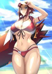 Rule 34 | 1girl, beach, bikini, blue sky, breasts, cameltoe, code geass, code geass: genesic re;code, highres, iwao178, jewelry, kouzuki kallen, large breasts, nail polish, necklace, official alternate costume, red bikini, red hair, red nails, shiny clothes, shiny skin, sky, solo, standing, sunlight, surfboard, swimsuit, thighs, visor cap, wide hips