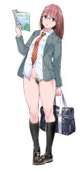 Rule 34 | 1girl, bag, black socks, blazer, book, bottomless, breasts, brown eyes, brown footwear, brown hair, diagonal-striped neckwear, dot nose, dress shirt, female pubic hair, full body, glasses, holding, holding book, huridog, jacket, kneehighs, loafers, long hair, looking at viewer, necktie, original, pigeon-toed, pubic hair, school bag, school uniform, shirt, shoes, simple background, small breasts, socks, solo, standing, striped necktie, striped neckwear, textbook, white background, white shirt, zenra