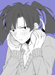 Rule 34 | 1girl, absurdres, adjusting headphones, annoyed, blue background, blunt bangs, blunt ends, closed mouth, collared shirt, commentary, curtained hair, enomoto takane, greyscale with colored background, highres, kagerou project, long sleeves, looking at viewer, open collar, parted hair, portrait, saitou shiori (pixiv14549321), school uniform, shirt, simple background, solo, sweat, sweater, twintails, v-neck