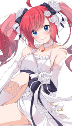 Rule 34 | 1girl, ahoge, azur lane, bare shoulders, black ribbon, blue eyes, closed mouth, dress, dress flower, flower, gem, gloves, hair flower, hair ornament, hair ribbon, jewelry, knee up, long hair, looking at viewer, mikuchi3939, necklace, official alternate costume, red gemstone, red hair, ribbon, san diego (azur lane), san diego (no. 1 june bride!) (azur lane), sitting, smile, solo, thighhighs, twintails, wedding dress, white dress, white flower, white gloves, white ribbon, white thighhighs