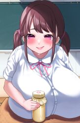 Rule 34 | 1girl, absurdres, bottle, breast rest, breasts, brown hair, chalkboard, dot nose, eyelashes, female focus, gigantic breasts, heart, highres, holding, holding bottle, huge breasts, implied lactation, lips, long hair, looking at viewer, milk, mimiru6969, nervous smile, nervous sweating, oppai loli, original, pink hair, pink lips, shirt, smile, solo, sweat, twintails, white shirt