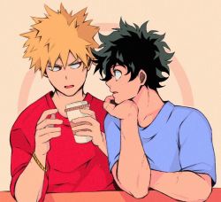 Rule 34 | 2boys, bakugou katsuki, blonde hair, blue shirt, boku no hero academia, bracelet, coffee, coffee cup, collarbone, cup, curly hair, disposable cup, elbows on table, eyebrows, freckles, furrowed brow, green eyes, green hair, hand on own chin, jewelry, kiwii, leaning on object, looking at another, male focus, midoriya izuku, multiple boys, open mouth, pale skin, profile, red eyes, red shirt, shirt, short hair, short sleeves, simple background, spiked hair, t-shirt, table, talking, tongue