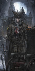 Rule 34 | 1girl, ascot, belt, blood, bloodborne, coat, flower, full moon, hat, hat feather, highres, lady maria of the astral clocktower, moon, night, night sky, ponytail, rakuyo (bloodborne), silver hair, sky, solo, stu dts, the old hunters, tricorne, wheelchair