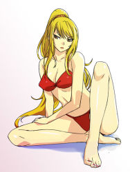 Rule 34 | 1girl, barefoot, bikini, blonde hair, breasts, feet, long hair, michael f91, phiona, ponytail, red bikini, sitting, solo, spread legs, swimsuit, valkyrie profile: covenant of the plume, valkyrie profile (series), yellow eyes