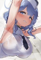 Rule 34 | 1girl, absurdres, ako (blue archive), armpits, blue archive, blue eyes, blue hair, blush, breasts, clenched teeth, collared dress, dress, from below, garrison cap, halo, hat, highres, large breasts, morikawa3sei, necktie, short necktie, sideboob, sleeveless, sleeveless dress, solo, sweat, sweatdrop, teeth, upper body, utnapishtim operator uniform (blue archive), v-shaped eyebrows, wet, wet clothes, white dress