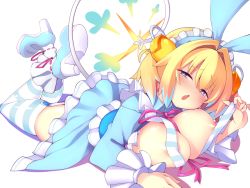Rule 34 | + +, 1girl, alternate costume, blonde hair, blue eyes, blue hair, blue hairband, blue skirt, bombergirl, breasts, enmaided, eyes visible through hair, garter straps, hairband, large breasts, long sleeves, looking at viewer, lying, maid, maid headdress, multicolored hair, on stomach, open mouth, pine (bombergirl), short hair, simple background, skirt, solo, striped clothes, striped thighhighs, tail, thighhighs, twintails, two-tone hair, wat (worldlog), white background